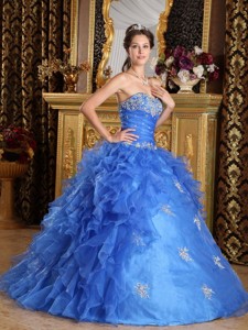 Blue Ball Gown Sweetheart Floor-length Ruffles Organza Quinceanera Dress