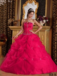 Hot Pink Ball Gown Strapless Floor-length Pick-ups Tulle Quinceanera Dress