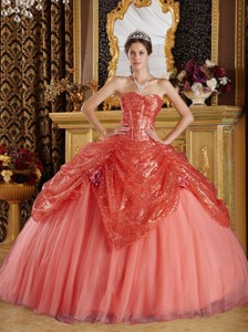 Rust Red Ball Gown Sweetheart Floor-length Sequined and Tulle Handle Flowers Quinceanera Dress