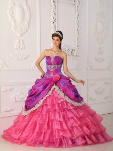 Fuchsia Ball Gown Strapless Floor-length Organza and Taffeta Lace and Appliques Quinceanera Dress
