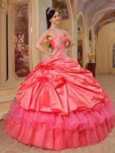 Coral Red Ball Gown One Shoulder Floor-length Taffeta Quinceanera Dress