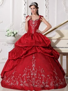 Wine Red Ball Gown Straps Floor-length Taffeta Embroidery Quinceanera Dress