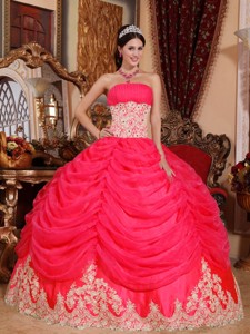 Coral Red Ball Gown Strapless Floor-length Organza Beading Quinceanera Dress
