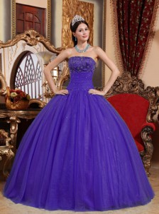 Purple Ball Gown Strapless Floor-length Tulle Embroidery with Beading Quinceanera Dress