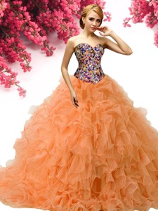 New Style Beaded and Ruffled Orange Quinceanera Dress in Organza