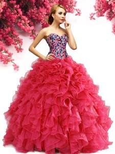 Lovely Beaded Bodice and Ruffled Organza Quinceanera Gown in Red