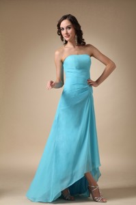 Aqua Blue Strapless Asymmetrical Chiffon And Elastic Woven Satin Dama Dress
