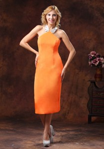 Orange Halter Neckline Satin Dama Dress For Quinceanera With Tea-length