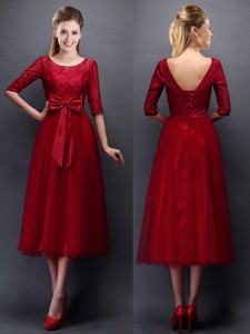 Gorgeous Scoop Half Sleeves Bowknot Quinceanera Dama Dress In Wine Red