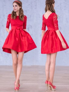 Romantic Bowknot And Laced Scoop Half Sleeves Quinceanera Dama Dress In Red