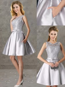 Classical Laced And Bowknot Scoop Quinceanera Dama Dress In Silver