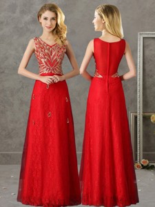 Classical V Neck Red Quinceanera Dama Dress With Appliques And Beading