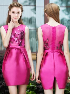 Luxurious Column Scoop Applique Hot Pink Quinceanera Dama Dress In Satin