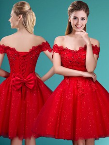 Wonderful Off The Shoulder Cap Sleeves Quinceanera Dama Dress With Beading And Bowknot