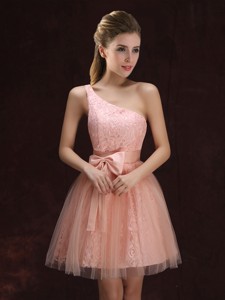 Modest A Line One Shoulder Laced Short Dama Dress in Pink