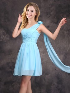 Top Seller Baby Blue Dama Dress with Handcrafted Flower and Ruching