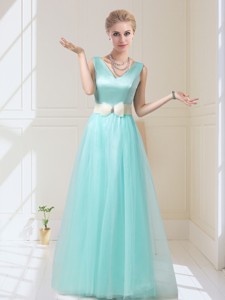 Delicate V Neck Floor Length Quinceanera Dama Dress With Bowknot