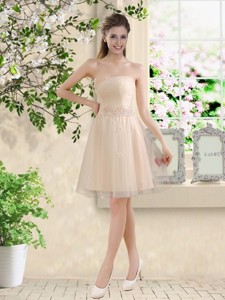 Comfortable Strapless Champagne Quinceanera Dama Dress With Knee Length