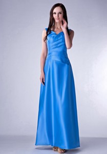Brand New Sky Blue Cloumn V-neck Quinceanera Dama Dress Taffeta Ruch Ankle-length