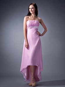 Remarkable Pink Cloumn Strapless Dama Dress Ruch High-low Chiffon