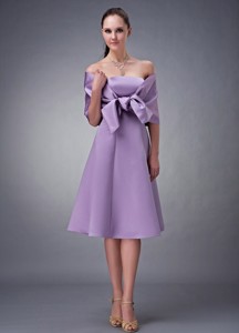 Chic Lavender Strapless Quinceanera Dama Dress Tea-length Satin