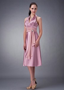 Custom Made Light Pink Empire Halter Quinceanera Dama Dress Satin Beading Tea-length