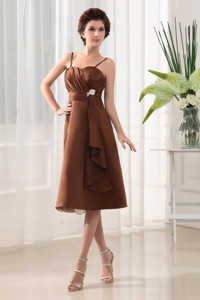 Beading Straps Chiffon Brown Tea-length Dama Dress