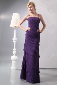 Unique Dark Purple Column Straps Dama Dress Floor-length Chiffon Ruffled Layers