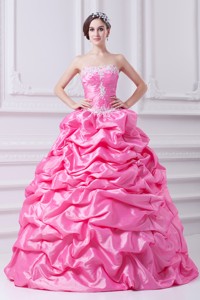 Pretty Rose Pink Strapless Appliques Quinceanera Dress With Appliques