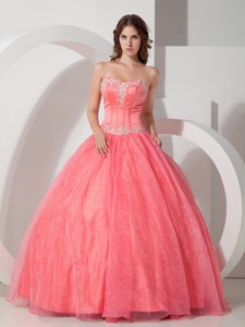 Beautiful Ball Gown Sweetheart Floor-length Satin and Organza Appliques with Beading Quinceanera Dre