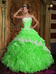 Spring Green Ball Gown Strapless Floor-length Ruffles Organza Quinceanera Dress
