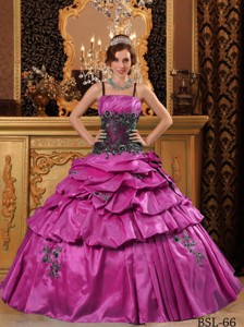 Fuchsia Ball Gown Straps Floor-length Taffeta Appliques Quinceanera Dress