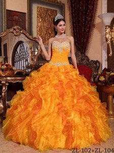 Golden Ball Gown Sweetheart Floor-length Organza Appliques and Beading Quinceanera Dress