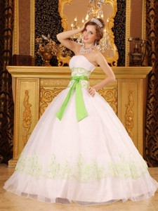 White Ball Gown Strapless Floor-length Organza Appliques Quinceanera Dress