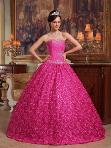 Hot Pink Ball Gown Strapless Floor-length Fabric With Roling Flowers Appliques Quinceanera Dress