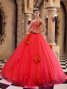 Red Ball Gown Strapless Floor-length Satin and Tulle Beading Quinceanera Dress
