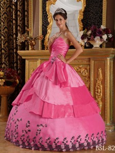 Hot Pink Ball Gown Sweetheart Floor-length Taffeta Appliques Quinceanera Dress
