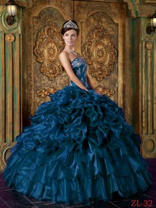 Blue Ball Gown Strapless Floor-length Organza Ruffles Quinceanera Dress