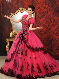 Coral Red Ball Gown Strapless Court Train Tulle Customize Quinceanera Dress