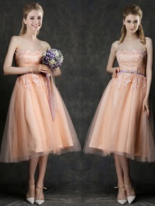 Hot Sale Strapless Peach Dama Dress With Sashes And Lace