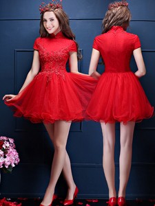 Luxurious High Neck Short Sleeves Dama Dress With Appliques And Beading