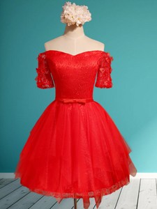 Comfortable Off The Shoulder Short Sleeves Red Dama Dress With Appliques And Belt