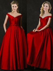 Latest Bowknot Wine Red Long Dama Dress With Off The Shoulder
