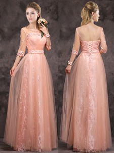 Exquisite See Through Applique And Laced Long Dama Dress In Peach