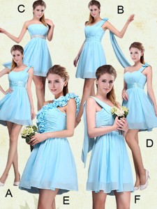 Ruching Chiffon Aqua Blue Dama Dress With Mini Length