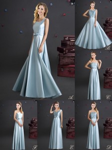 Best Selling Elastic Woven Satin Long Dama Dress In Light Blue