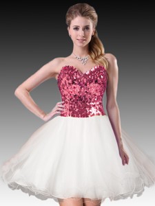 Beautiful Short White Dama Dress with Coral Red Sequins