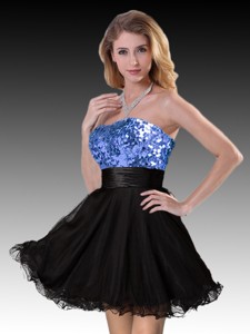 Custom Fit Strapless Black Dama Dress with Blue Sequins