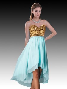 High Low Light Blue Dama Dress with Sequins and Beading