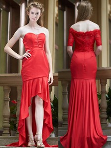 Cheap Column High Low Red Dama Dress With Brush Train